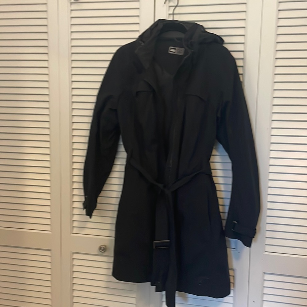 REI Women’s Long Raincoat with Belt and Removable Hood in Black